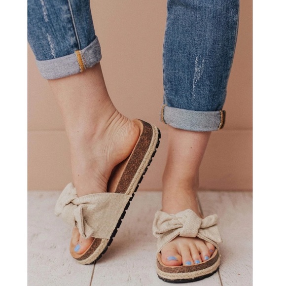 Beige Slip On Linen Fabric Bow Sandals - Picture 6 of 14
